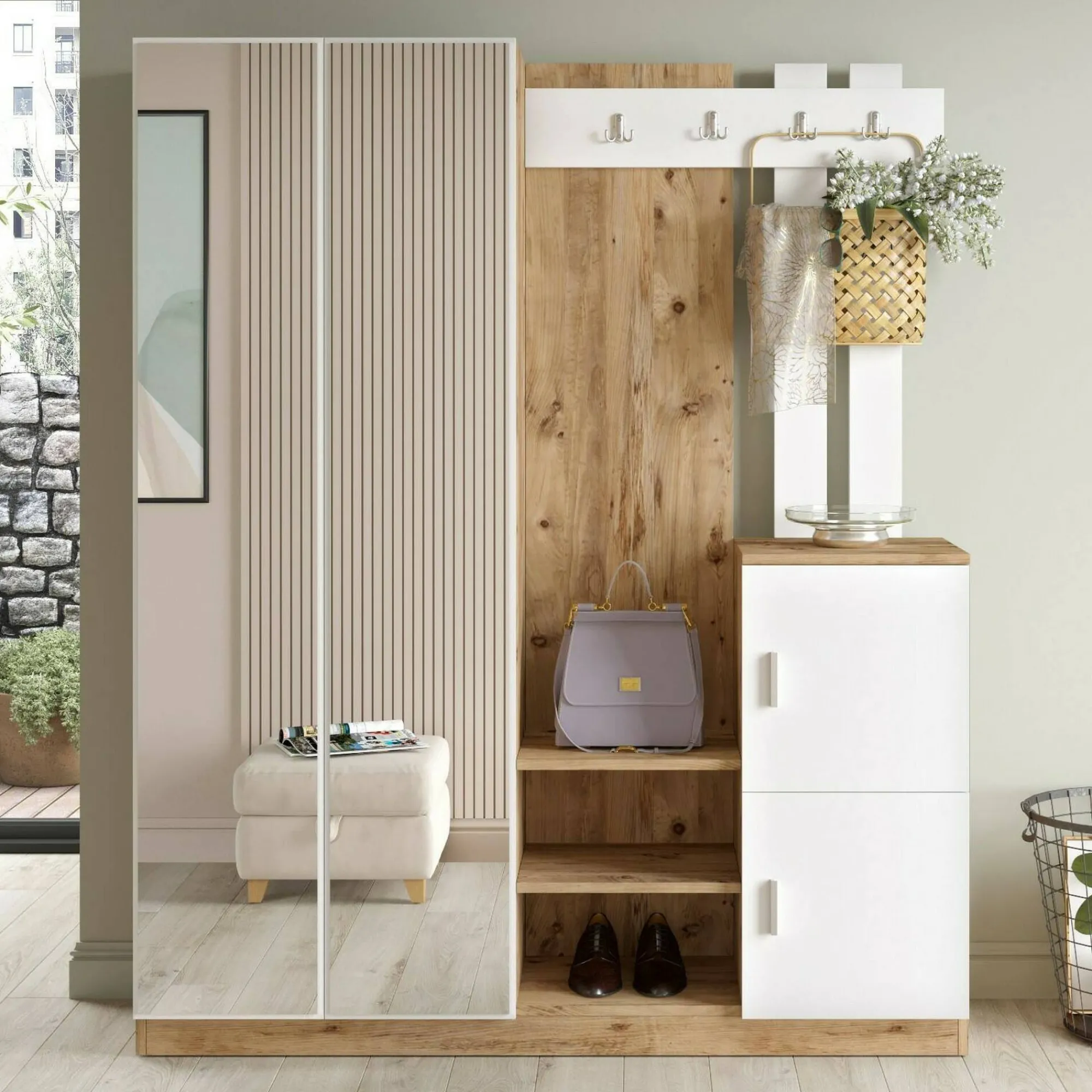 Mobile da ingresso Arcibaldo, 147x38h180 cm, Quercia e Bianco<Dmora Shop
