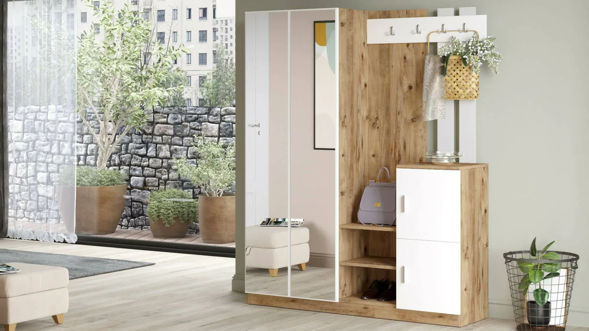 Mobile da ingresso Arcibaldo, 147x38h180 cm, Quercia e Bianco<Dmora Shop