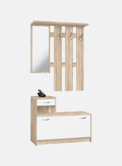 Mobile da ingresso con specchiera, entratina per atrio con scarpiera, Svuotatasche per piccoli appartamenti, cm 100x25h180, colore Bianco e Rovere<Dmora Store