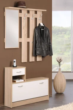 Mobile da ingresso con specchiera, entratina per atrio con scarpiera, Svuotatasche per piccoli appartamenti, cm 100x25h180, colore Bianco e Rovere<Dmora Best Sale
