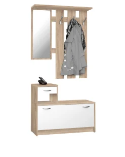 Mobile da ingresso con specchiera, entratina per atrio con scarpiera, Svuotatasche per piccoli appartamenti, cm 100x25h180, colore Bianco e Rovere<Dmora Best Sale