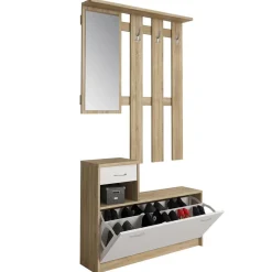 Mobile da ingresso con specchiera, entratina per atrio con scarpiera, Svuotatasche per piccoli appartamenti, cm 100x25h180, colore Bianco e Rovere<Dmora Best Sale