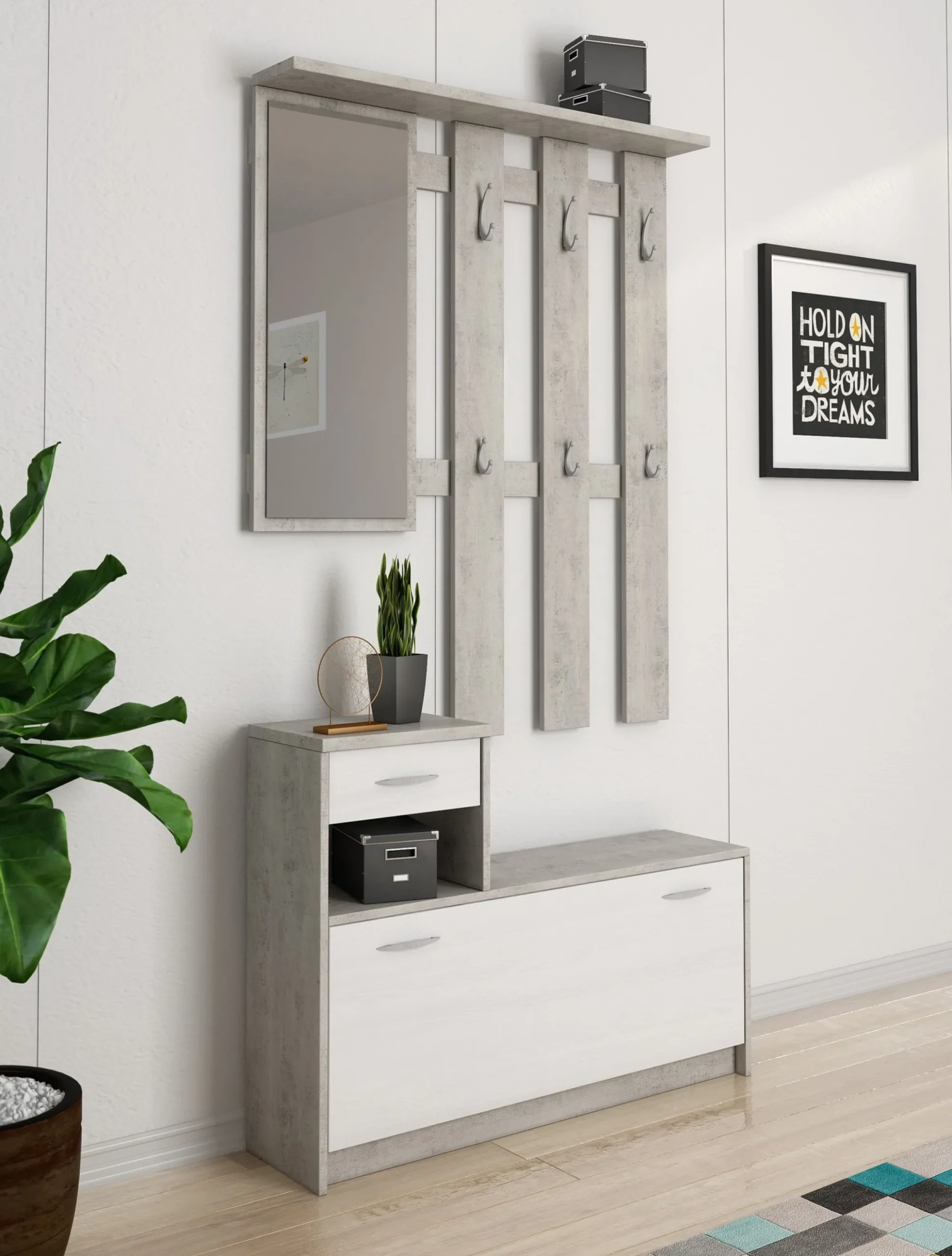 Mobile da ingresso Daa, 100x26h190 cm, Bianco e Cemento<Dmora Fashion