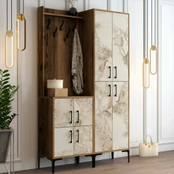 Mobile da ingresso Eufemia, 120x35h200 cm, Noce e Bianco Marmo<Dmora Outlet
