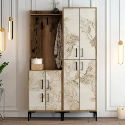 Mobile da ingresso Eufemia, 120x35h200 cm, Noce e Bianco Marmo<Dmora Outlet