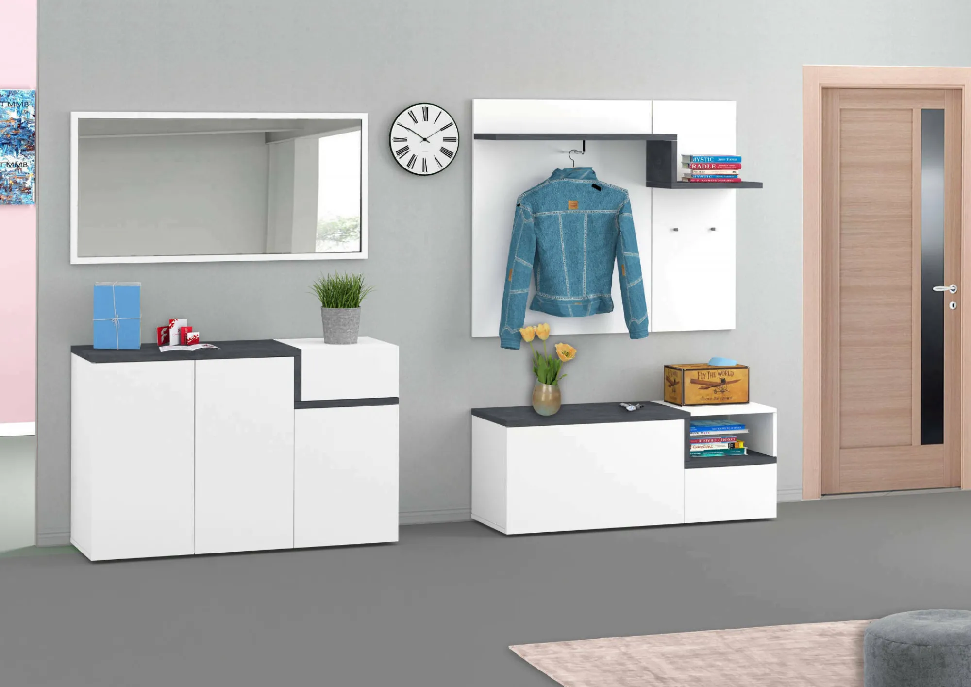 Mobile da ingresso Graziella, cm 120x40h54, Bianco lucido e Ardesia<Dmora Discount