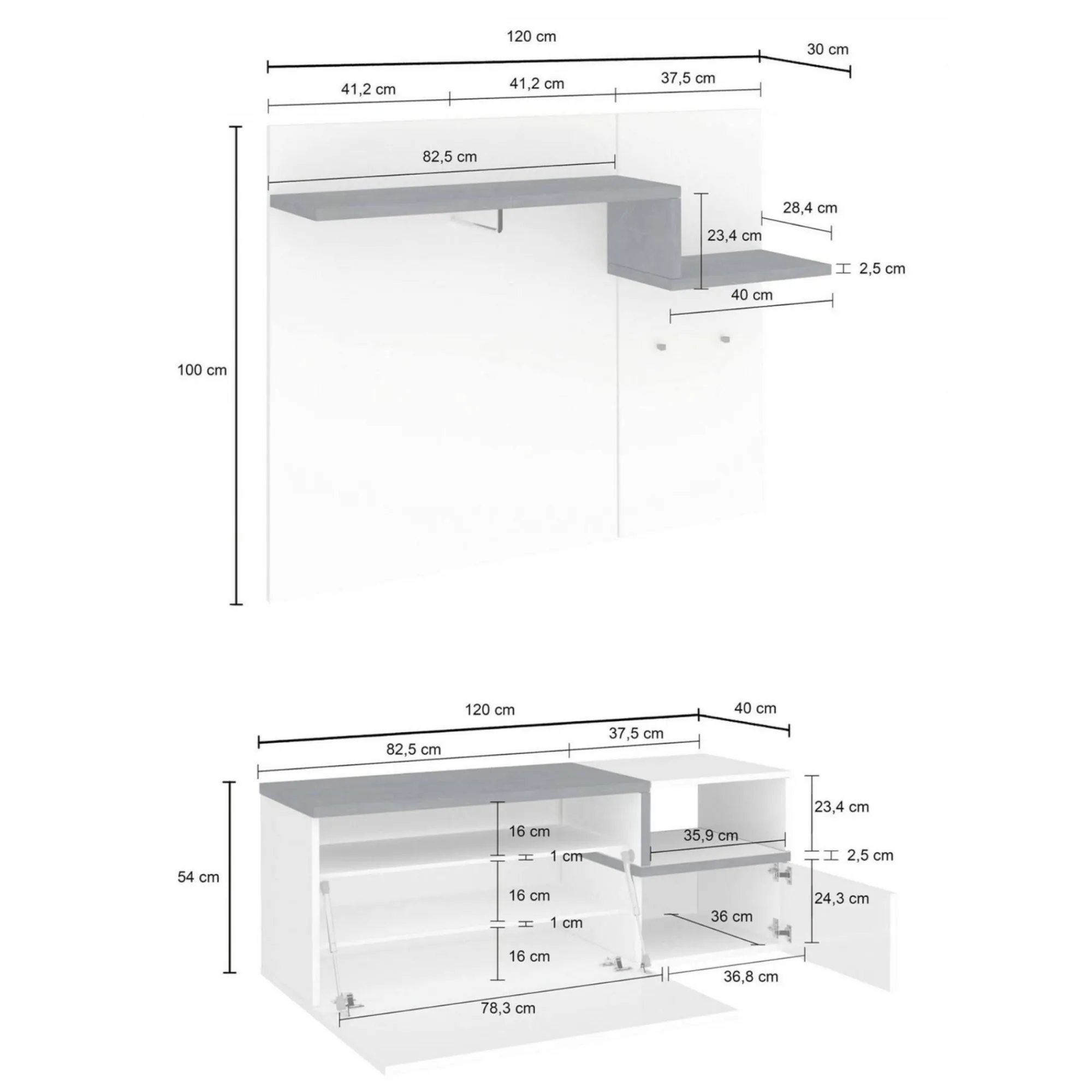 Mobile da ingresso Graziella, cm 120x40h54, Bianco lucido e Ardesia<Dmora Discount