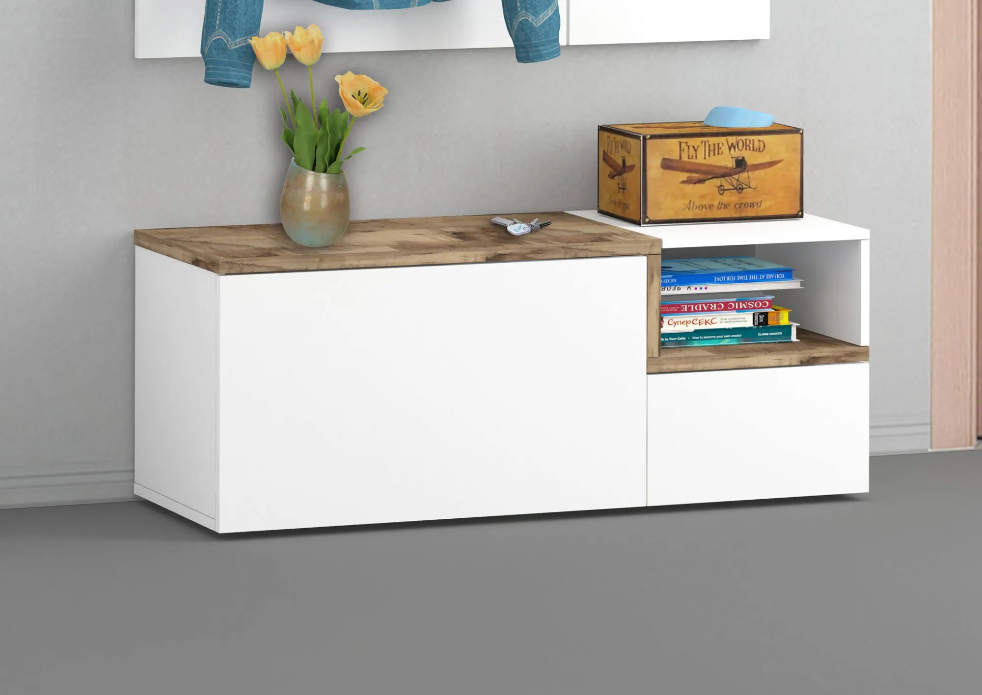 Mobile da ingresso Graziella, cm 120x40h54, Bianco lucido e Acero<Dmora Outlet
