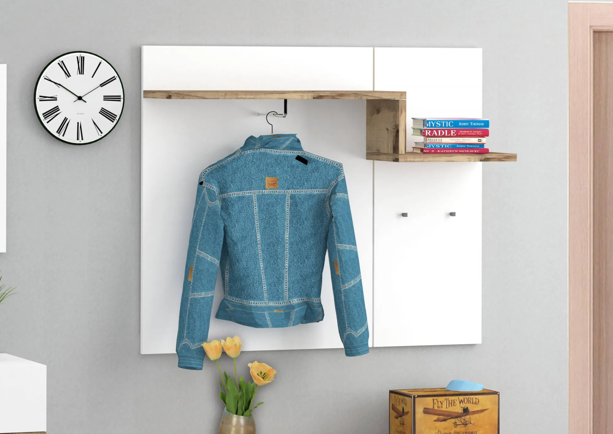 Mobile da ingresso Graziella, cm 120x40h54, Bianco lucido e Acero<Dmora Outlet