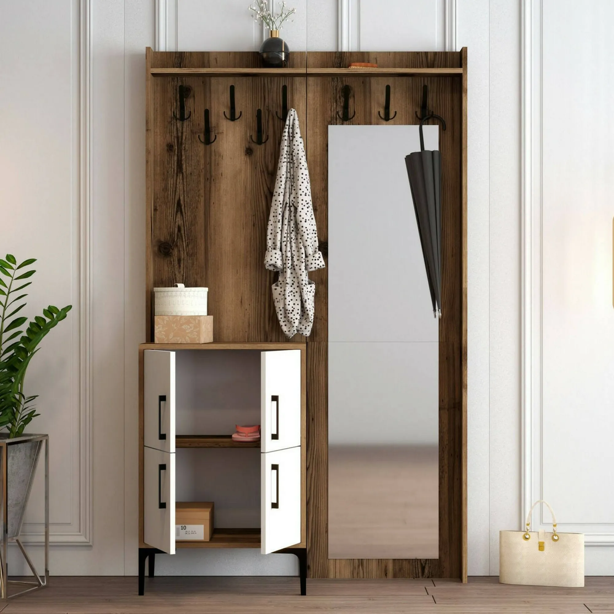 Mobile da ingresso Isidore, 120x35h200 cm, Noce e Bianco<Dmora New