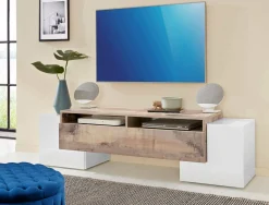 Mobile porta TV Abele, cm 170x45h45, Bianco lucido e Acero<Dmora New