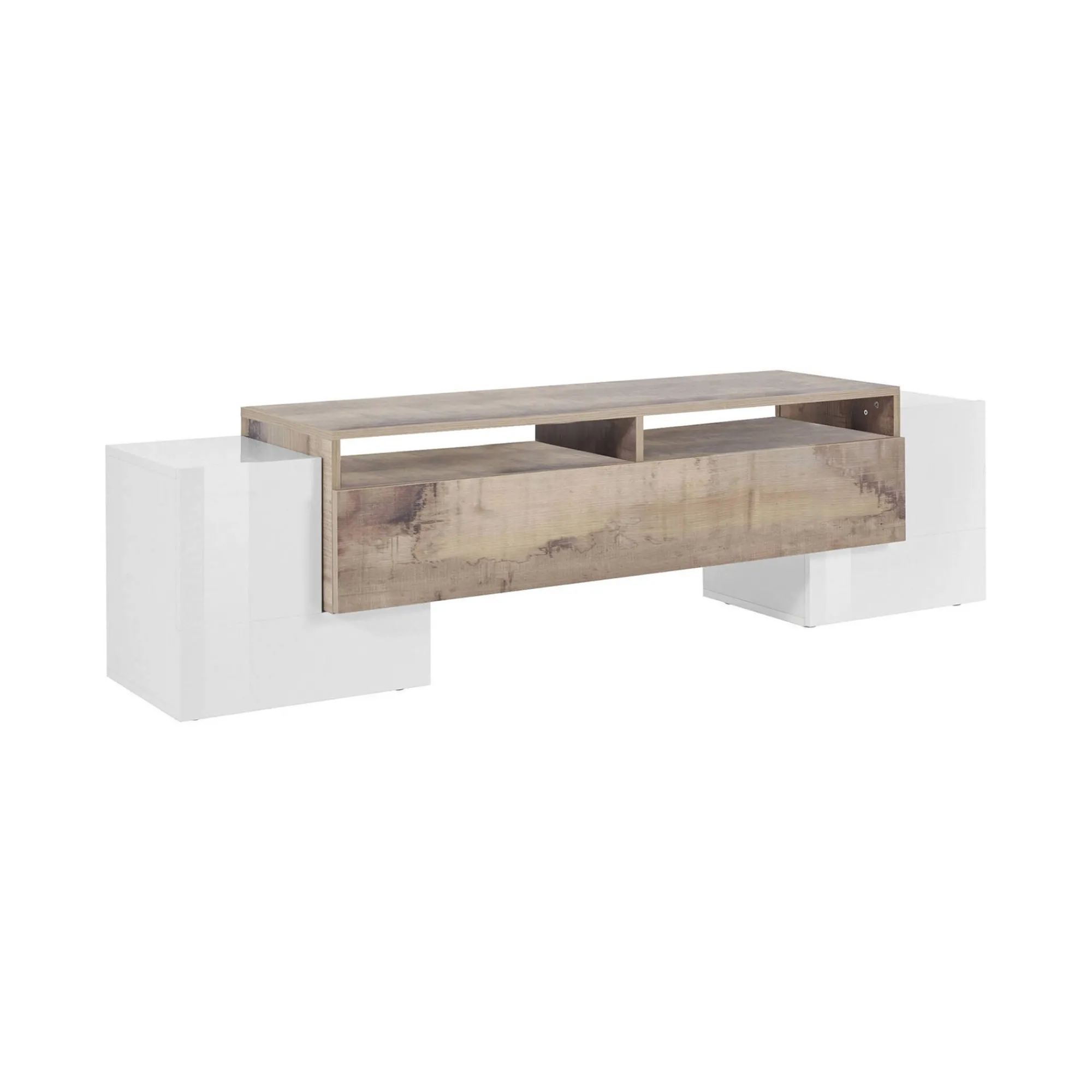 Mobile porta TV Abele, cm 170x45h45, Bianco lucido e Acero<Dmora New