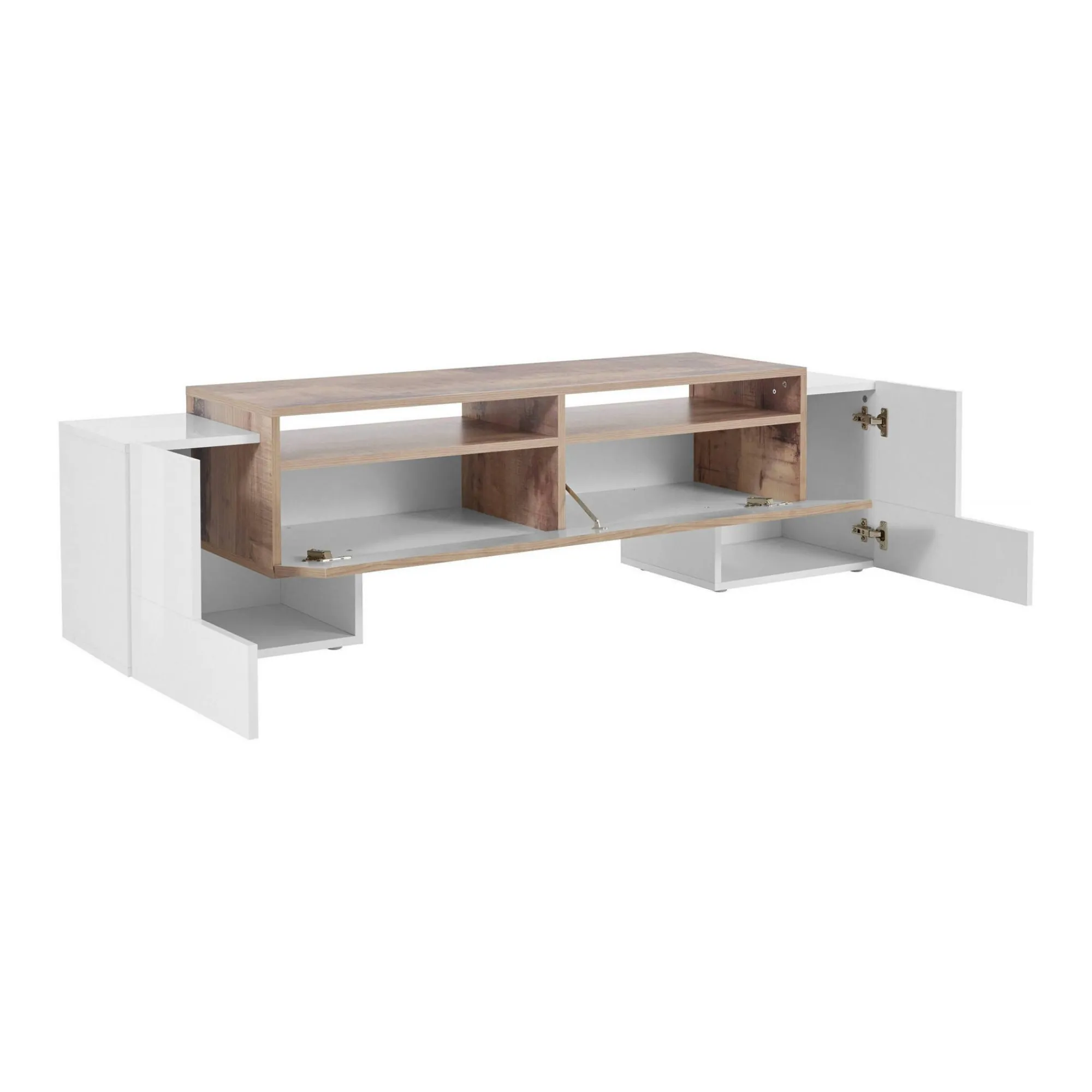 Mobile porta TV Abele, cm 170x45h45, Bianco lucido e Acero<Dmora New