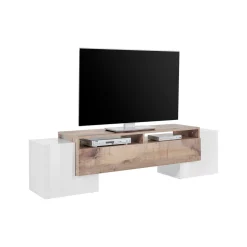 Mobile porta TV Abele, cm 170x45h45, Bianco lucido e Acero<Dmora New