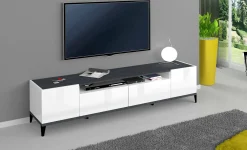 Mobile porta TV Abina, cm 200x40h47, Bianco lucido e Ardesia<Dmora Hot
