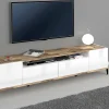 Mobile porta TV Abina, cm 200x40h47, Bianco lucido e Acero<Dmora Outlet