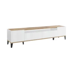 Mobile porta TV Abina, cm 200x40h47, Bianco lucido e Acero<Dmora Outlet