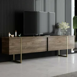 Mobile porta TV Abishia, 180x30h50 cm, Noce e Oro<Dmora Shop