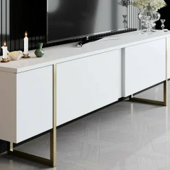 Mobile porta TV Abishia, 180x30h50 cm, Bianco e Oro<Dmora Cheap