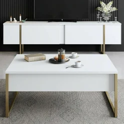 Mobile porta TV Abishia, 180x30h50 cm, Bianco e Oro<Dmora Cheap