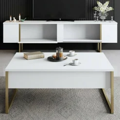 Mobile porta TV Abishia, 180x30h50 cm, Bianco e Oro<Dmora Cheap