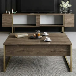 Mobile porta TV Abishia, 180x30h50 cm, Noce e Oro<Dmora Shop