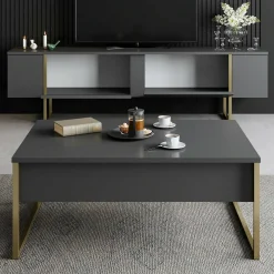 Mobile porta TV Abishia, 180x30h50 cm, Antracite e Oro<Dmora Fashion