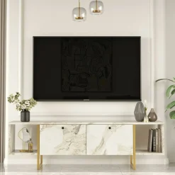 Mobile porta TV Adalberta, 160x40h48 cm, Bianco e Oro<Dmora Best