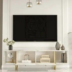 Mobile porta TV Adalberta, 160x40h48 cm, Bianco e Oro<Dmora Best