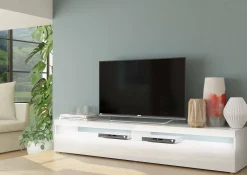 Mobile porta TV Akon, Bianco lucido, con luce LED<Dmora Fashion