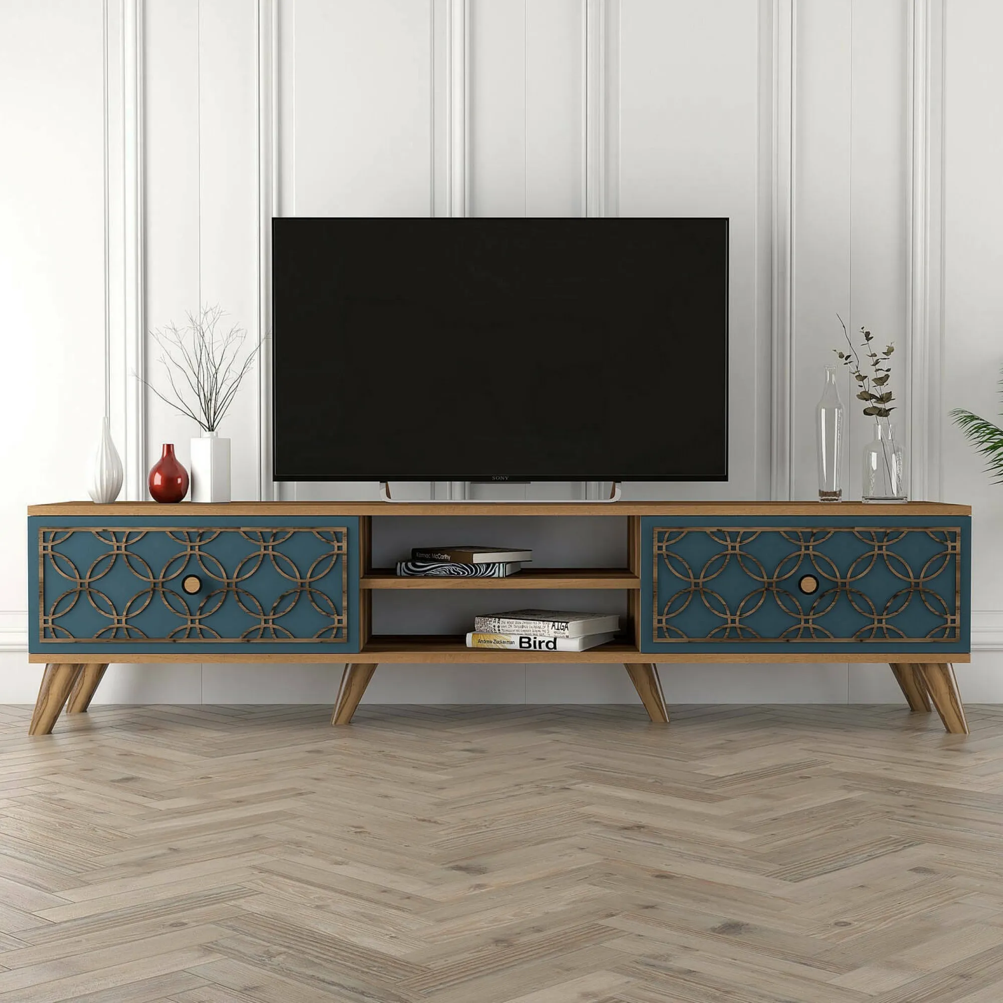 Mobile porta TV Albonese, 180x35 h44 cm, Noce e Blu<Dmora Best Sale