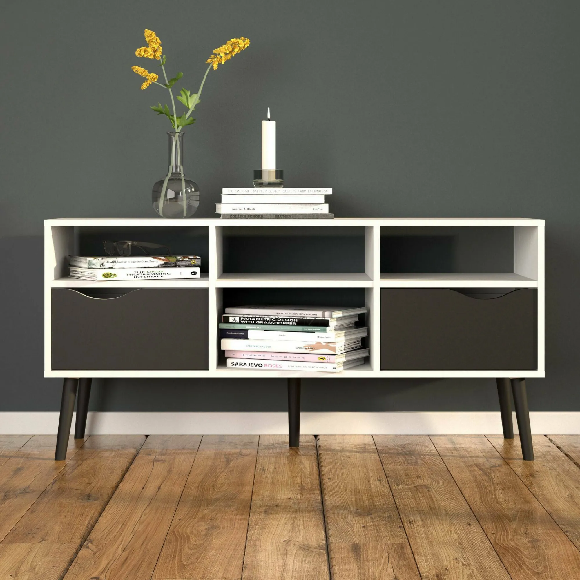 Mobile porta TV Aliani, 117x39 h57 cm, Bianco e Nero<Dmora Discount