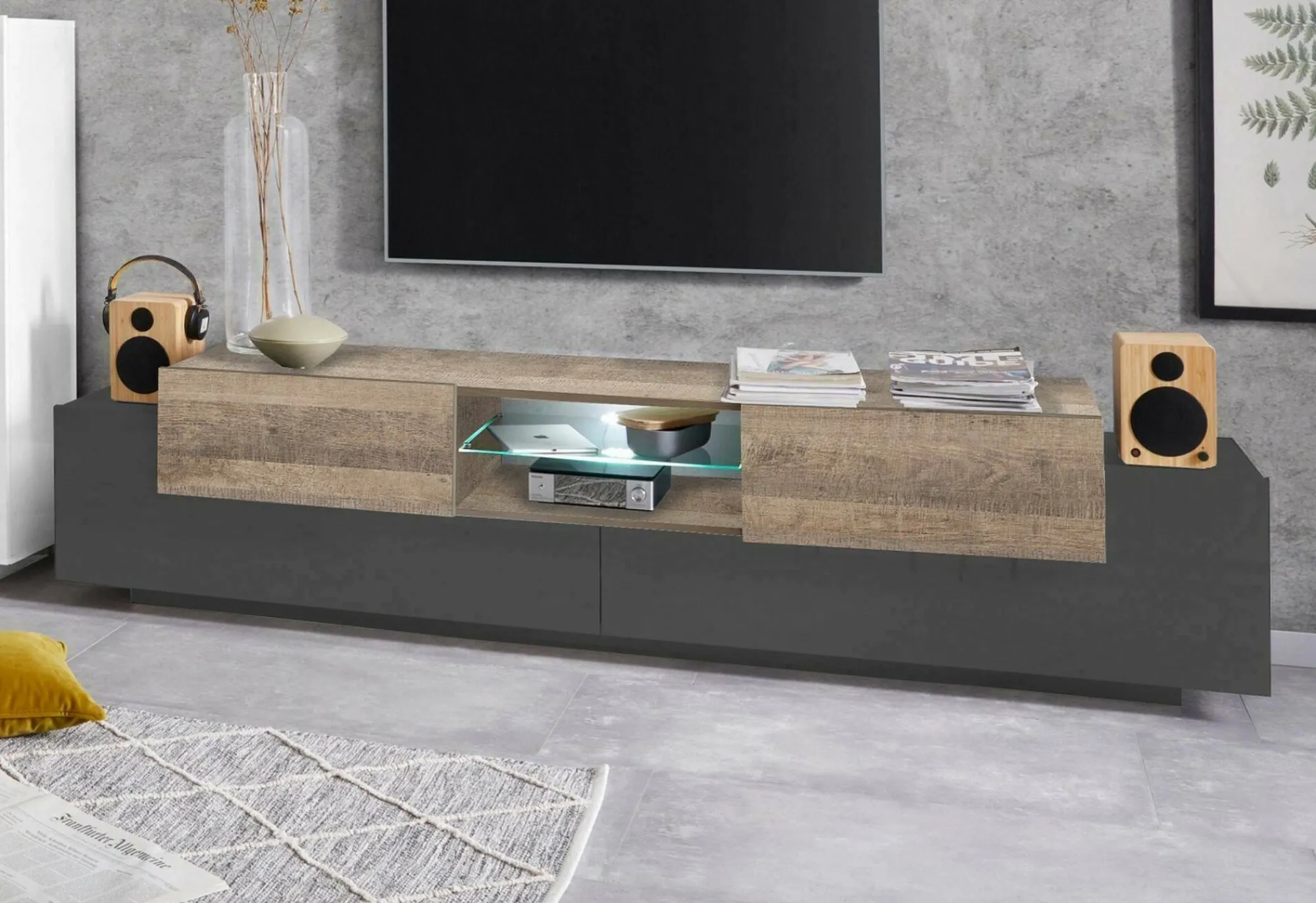 Mobile porta TV Amato, cm 220x40h51, Antracite e Acero<Dmora Outlet