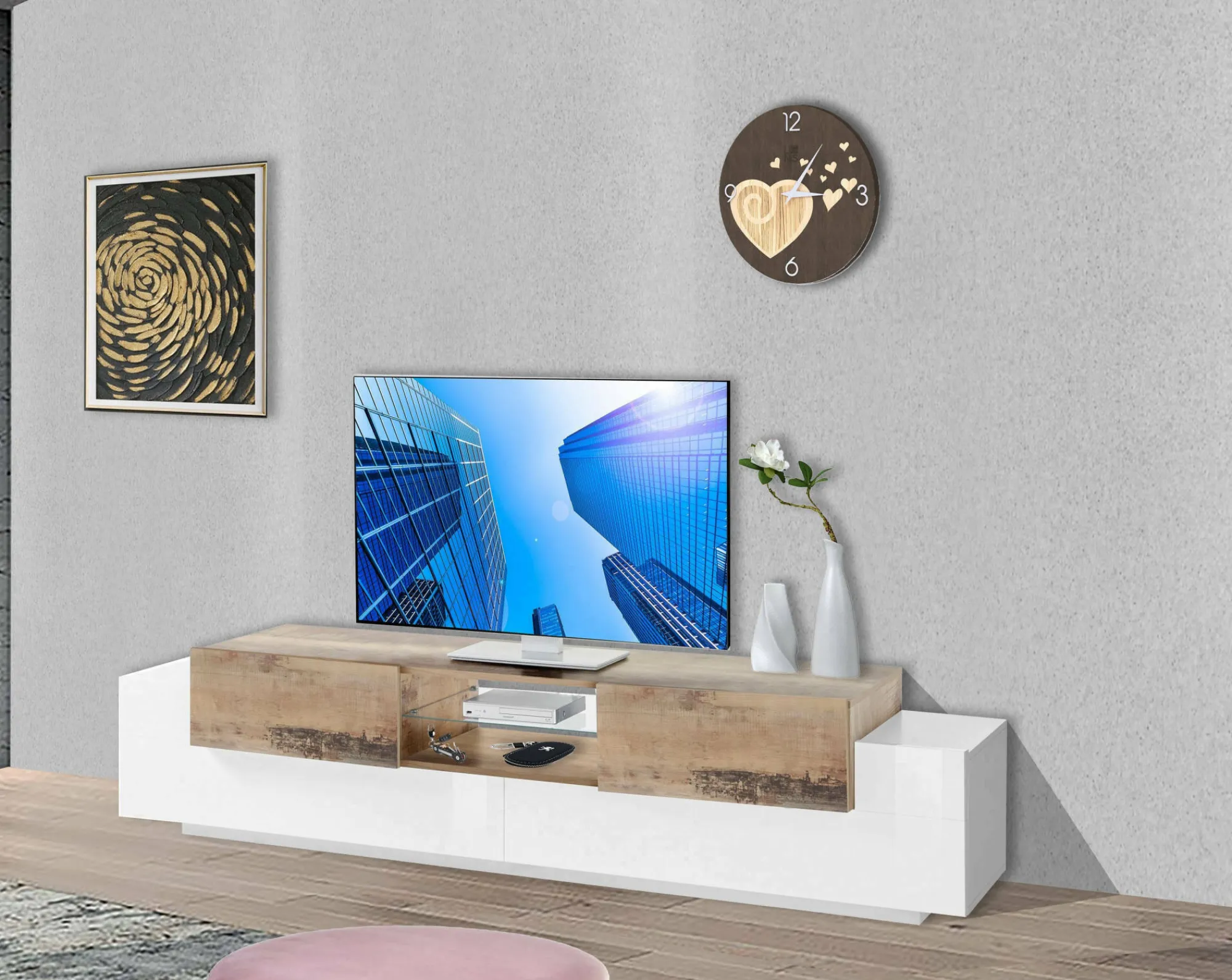 Mobile porta TV Amato, cm 220x45h51, Bianco lucido e Acero<Dmora Clearance