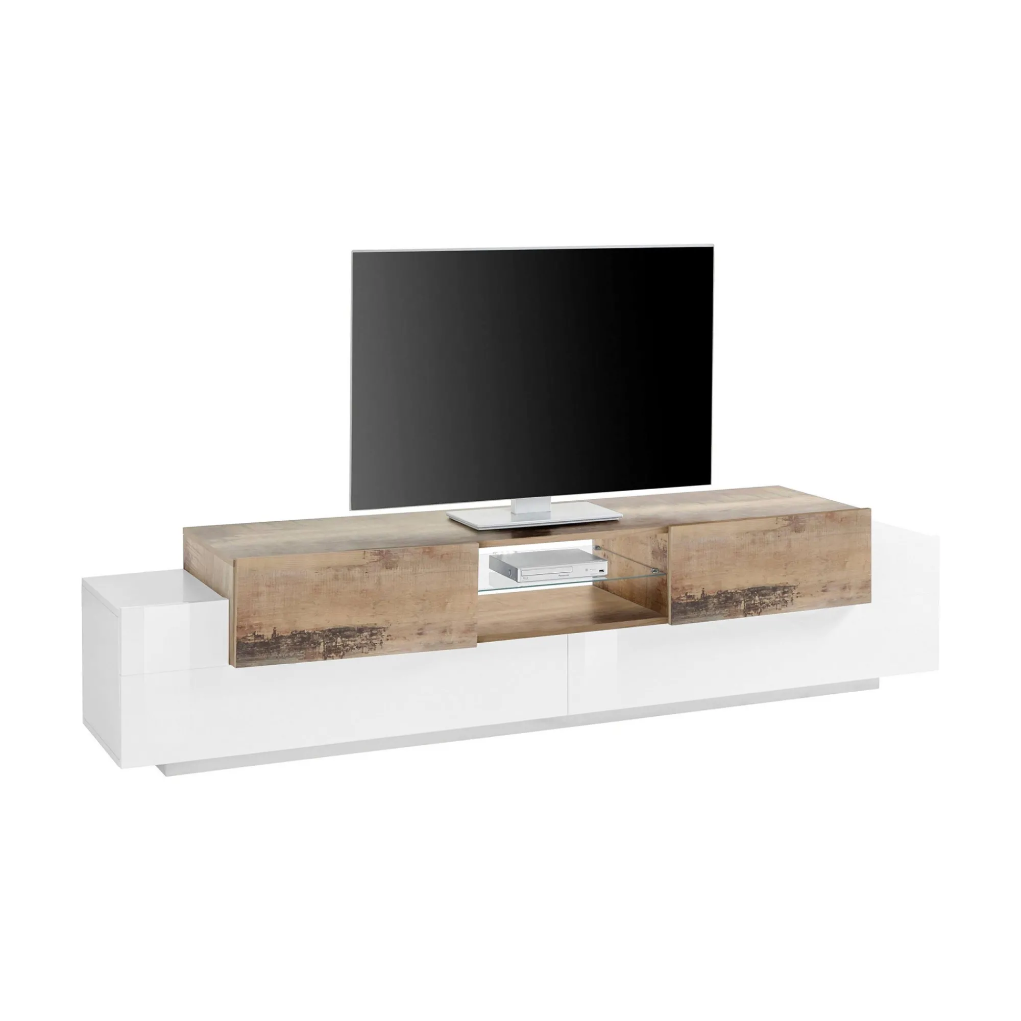 Mobile porta TV Amato, cm 220x45h51, Bianco lucido e Acero<Dmora Clearance