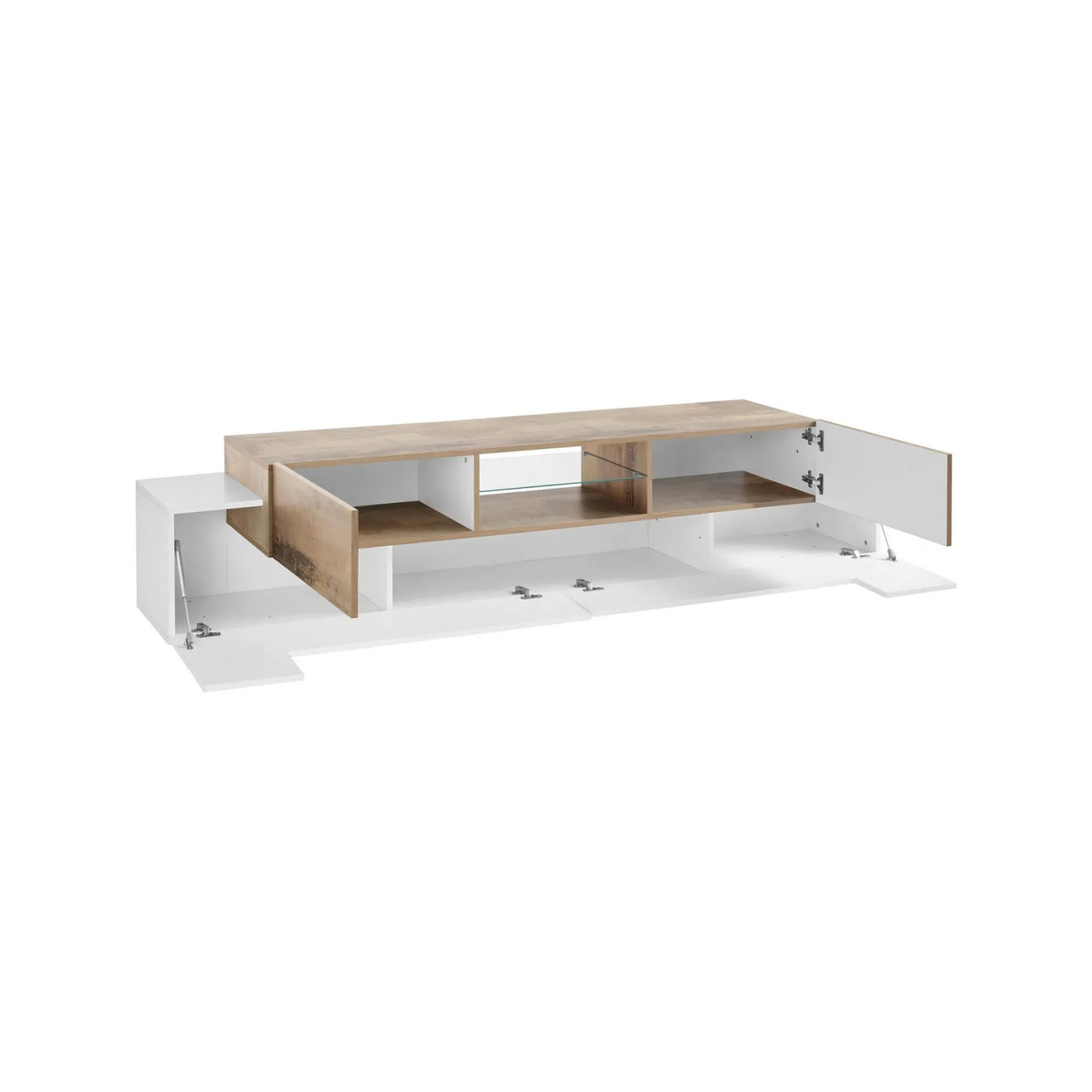 Mobile porta TV Amato, cm 220x45h51, Bianco lucido e Acero<Dmora Clearance