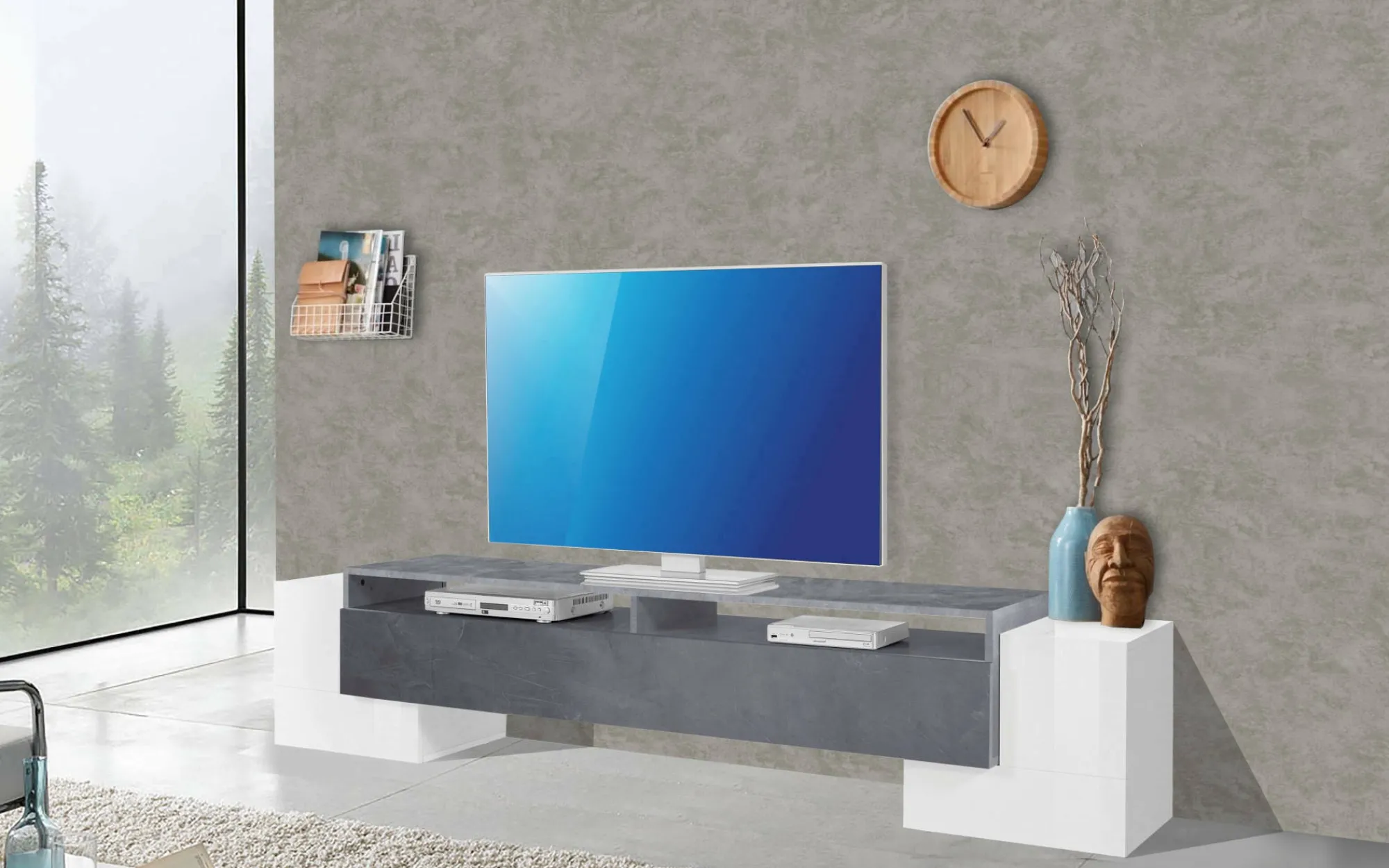 Mobile porta TV Amis, cm 210x45h45, Bianco lucido e Ardesia<Dmora Discount