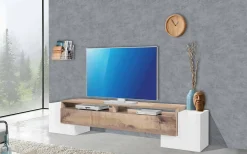 Mobile porta TV Amis, cm 210x45h45, Bianco lucido e Acero<Dmora Clearance