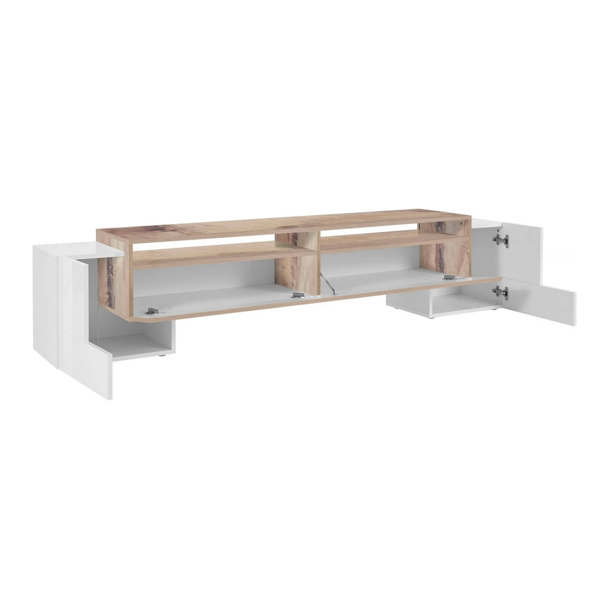 Mobile porta TV Amis, cm 210x45h45, Bianco lucido e Acero<Dmora Clearance