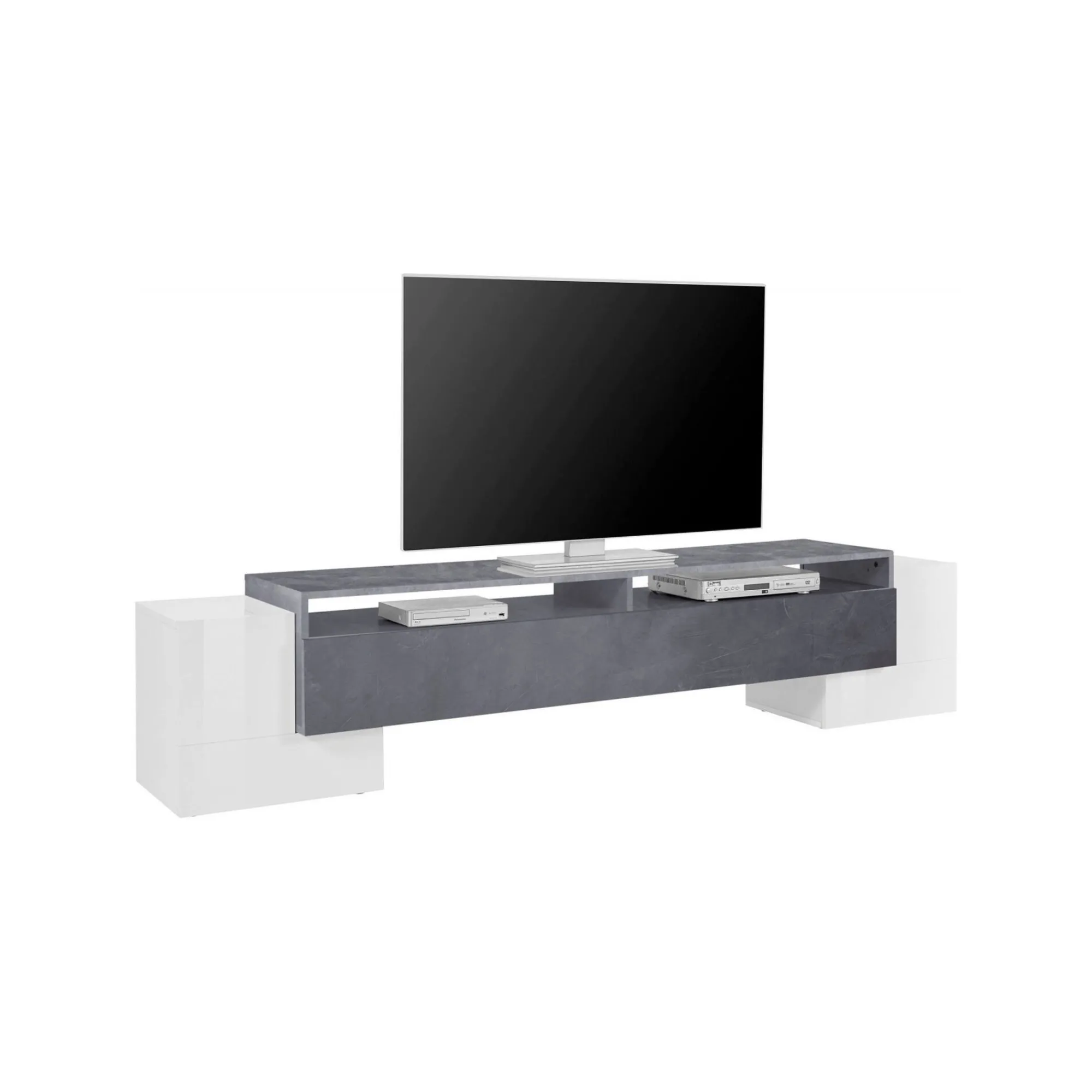 Mobile porta TV Amis, cm 210x45h45, Bianco lucido e Ardesia<Dmora Discount