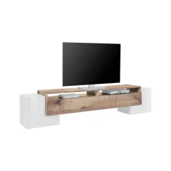 Mobile porta TV Amis, cm 210x45h45, Bianco lucido e Acero<Dmora Clearance