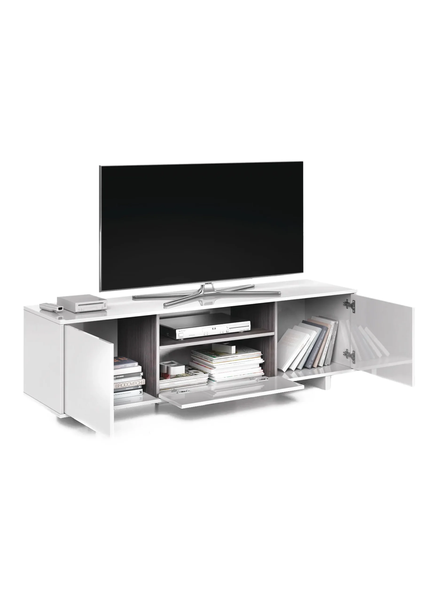 Mobile porta TV Andalusia, 150x41h46 cm, Bianco lucido e Grigio cenere<Dmora Shop