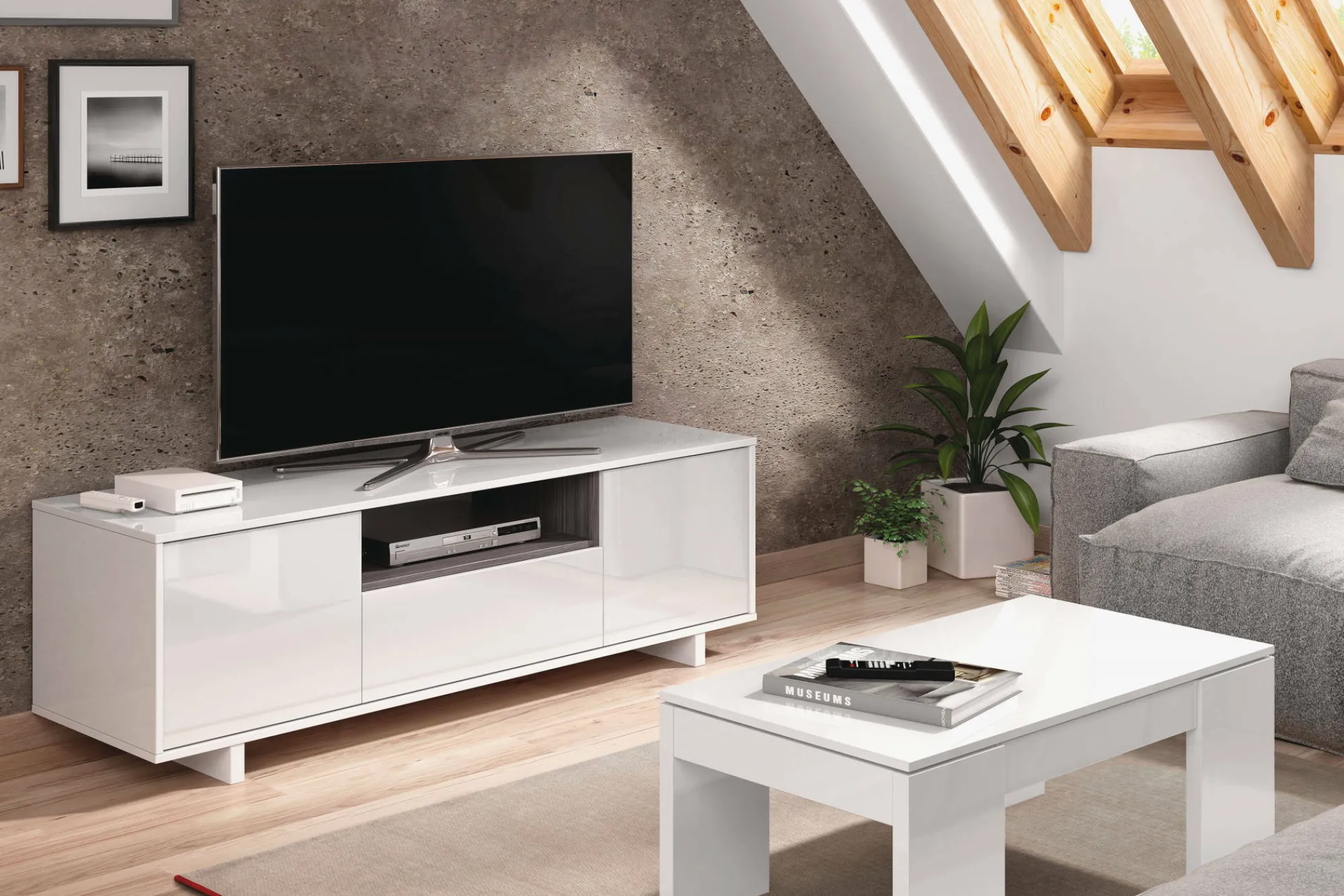 Mobile porta TV Andalusia, 150x41h46 cm, Bianco lucido e Grigio cenere<Dmora Shop