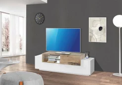 Mobile porta TV Andris, cm 160x45h51, Bianco lucido e Acero<Dmora Hot
