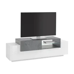 Mobile porta TV Andris, cm 160x45h51, Bianco lucido e Ardesia<Dmora Outlet