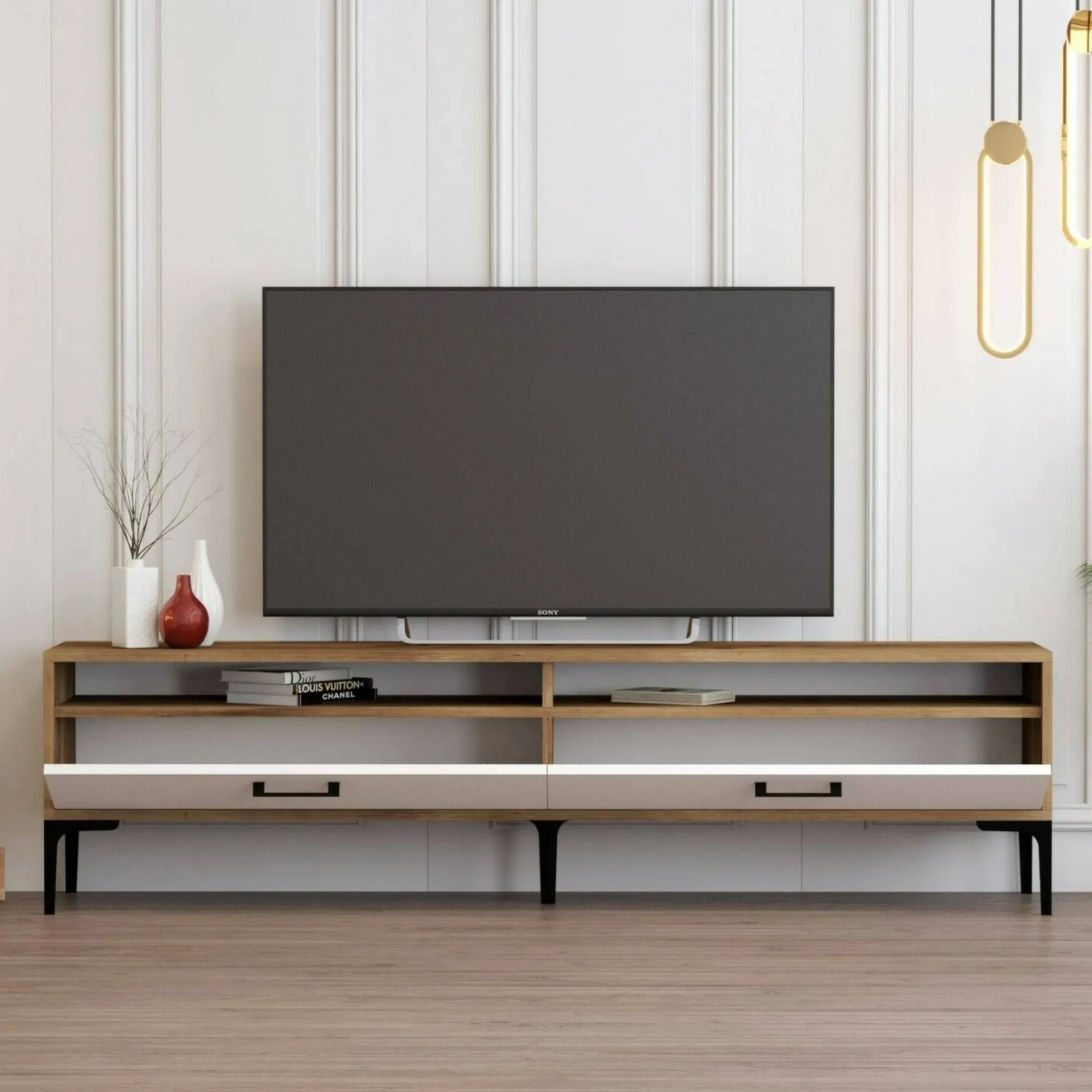 Mobile porta TV Angiari, 47x35h180 cm, Noce e Bianco<Dmora Clearance