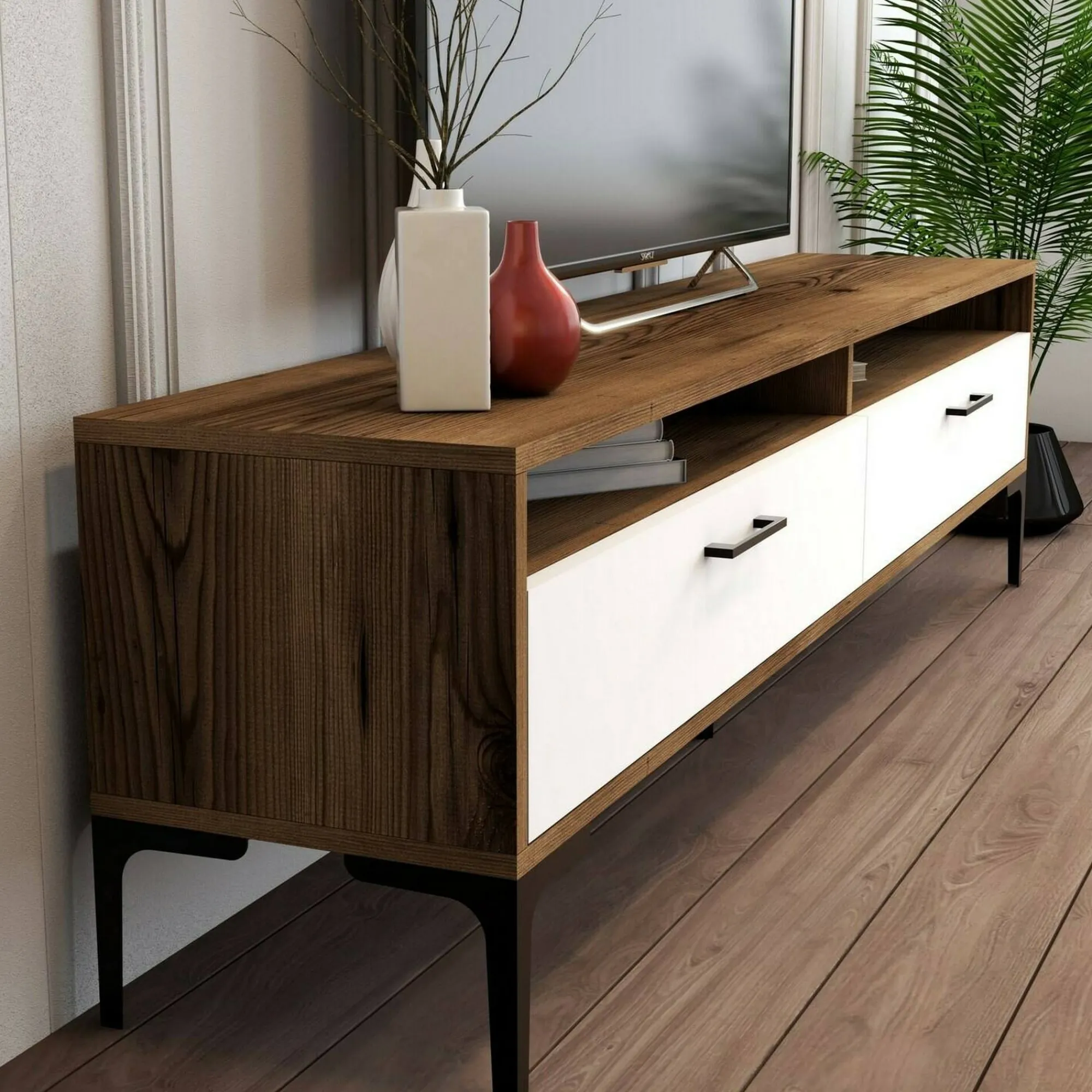 Mobile porta TV Angiari, 47x35h180 cm, Noce e Bianco<Dmora Clearance
