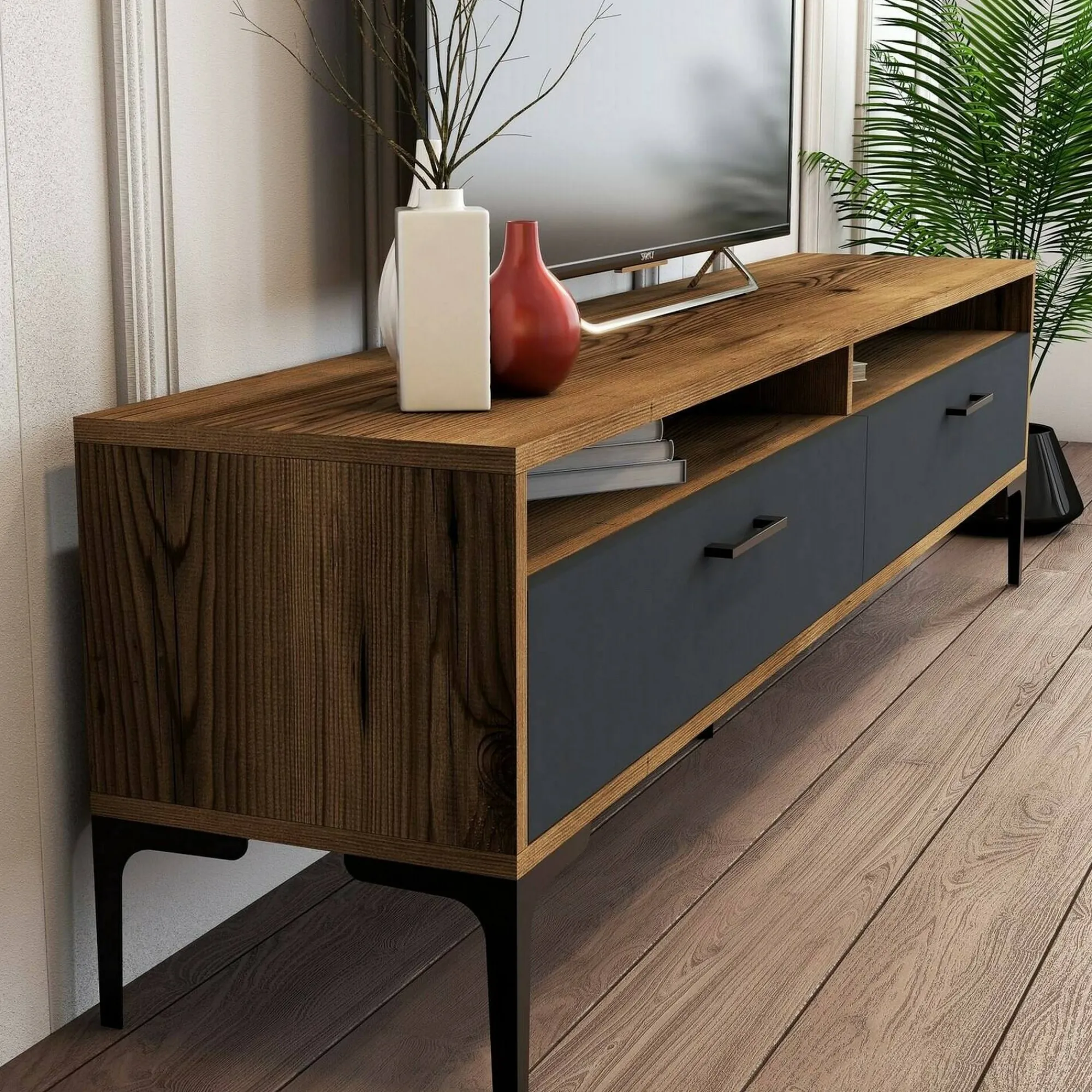 Mobile porta TV Angiari, 180x47h35 cm, Noce e Antracite<Dmora Discount
