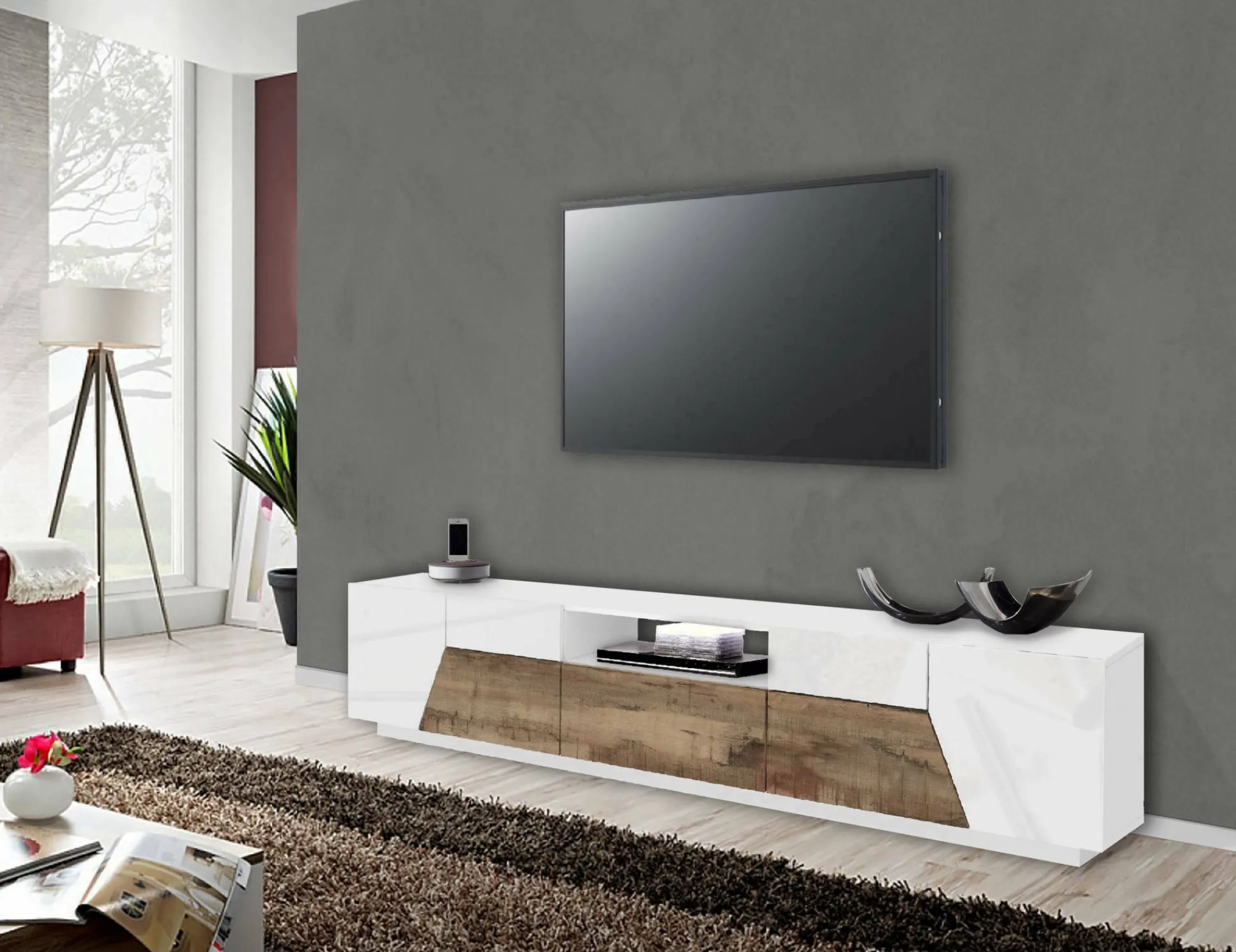 Mobile porta TV Animai, cm 220x43h46, Bianco lucido e Acero<Dmora Flash Sale