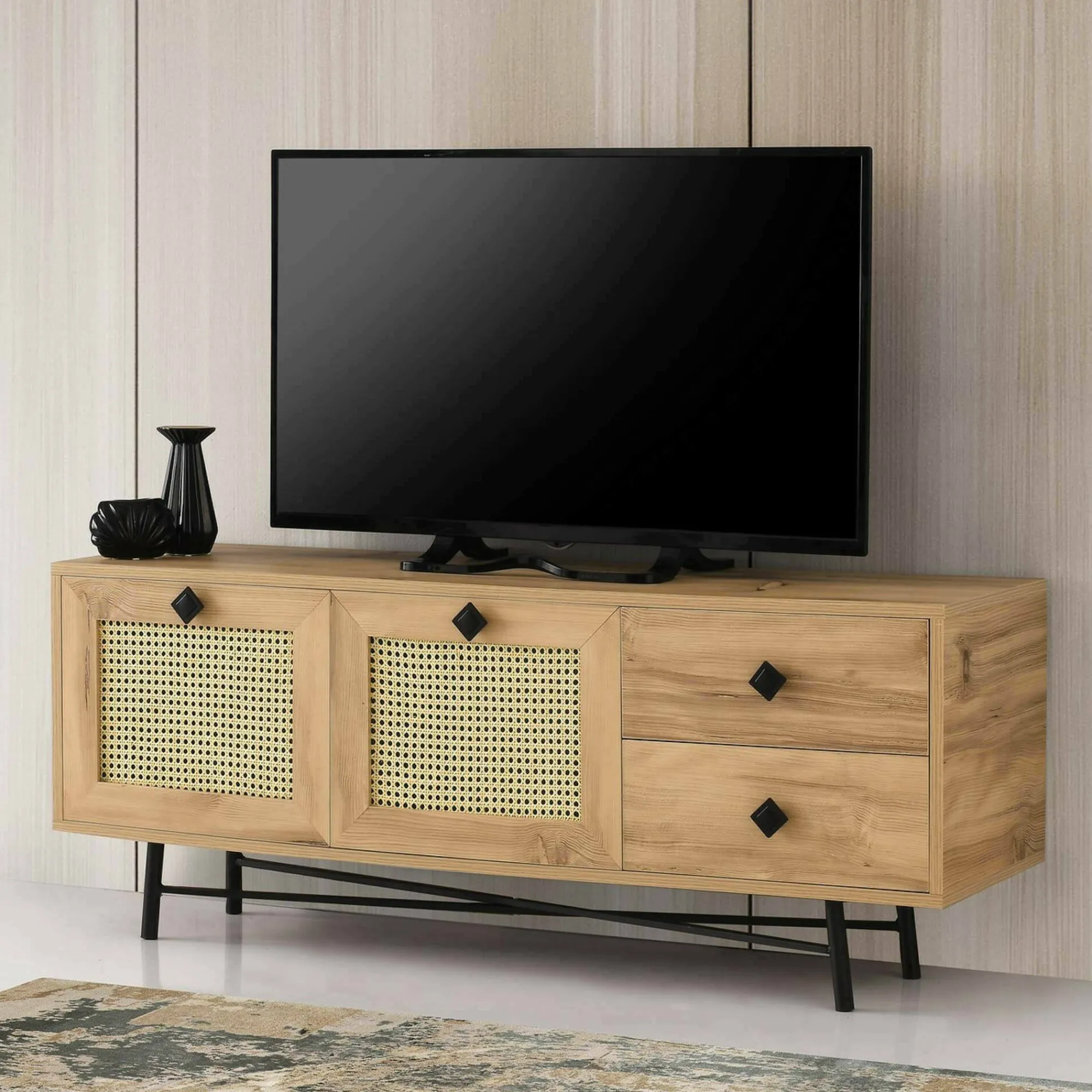 Mobile porta TV Apollinare, Quercia e Nero, 140x40h60 cm<Dmora Store